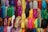 A vibrant display of colorful fabrics and clothing rolls in a wholesale fashion warehouse.