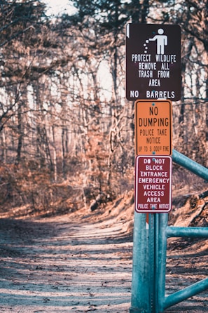 A forest path is lined with several warning signs attached to a metal post. The signs include messages about protecting wildlife, prohibiting dumping, and keeping the entrance clear for emergency vehicles. The path is wide, covered with leaves, and surrounded by bare trees, indicating a winter or early spring setting.