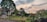 A tranquil garden landscape featuring lush greenery, a variety of flowering plants, and a few sculptures strategically placed among the trees and bushes. A path lined with potted plants adds structure to the scene, while the sky displays a subdued sunset with clouds.