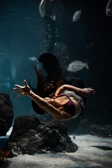 An underwater scene with a person performing a graceful, curved pose. The individual is wearing a bikini and surrounded by a variety of fish swimming around. Rocks and sandy textures create the setting, with light penetrating the water, casting soft glows and shadows.