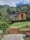 A modern wooden house with large glass windows is nestled among lush greenery and trees. The house features an orange wall and is elevated on a well-manicured grassy hill with stairs leading up to it. Decorative plants and flowers surround the area, enhancing the natural setting.