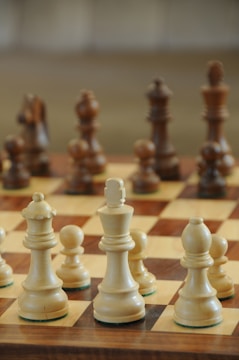 A close-up view of a chessboard with wooden chess pieces arranged in starting positions, featuring pawns, knights, bishops, rooks, a queen, and a king in focus. The foreground pieces are made of light wood while the background pieces are darker, out of focus.