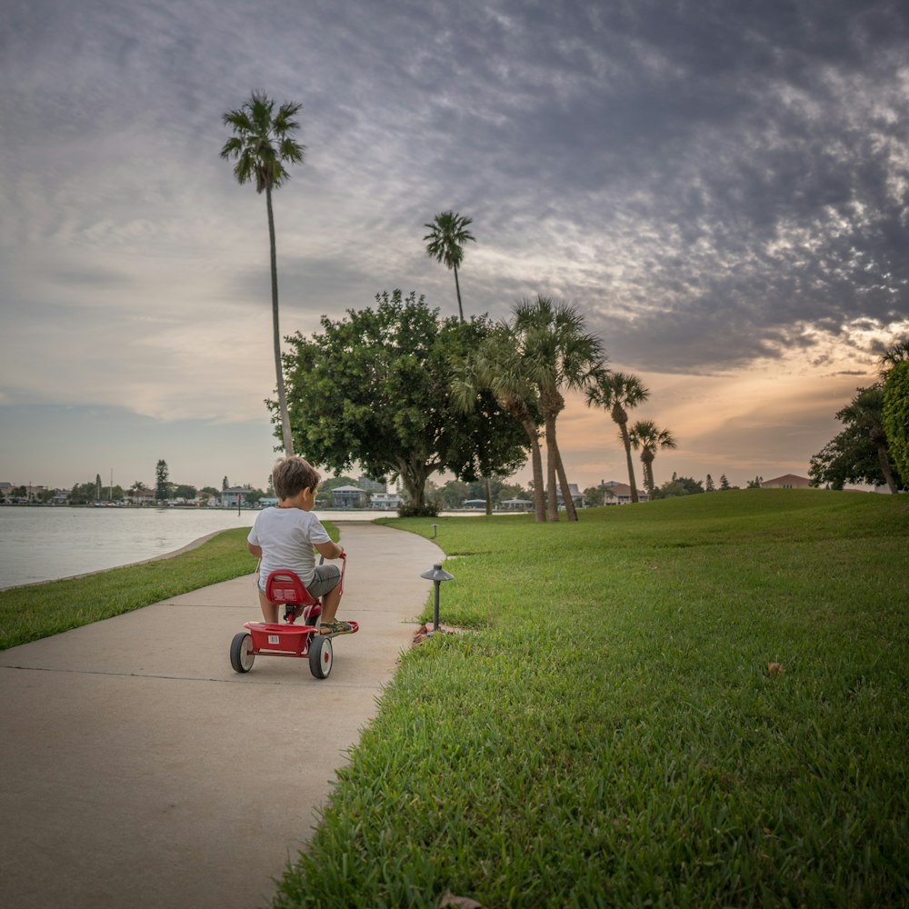 boy in white shirt riding on red and black trike on green grass field during sunset