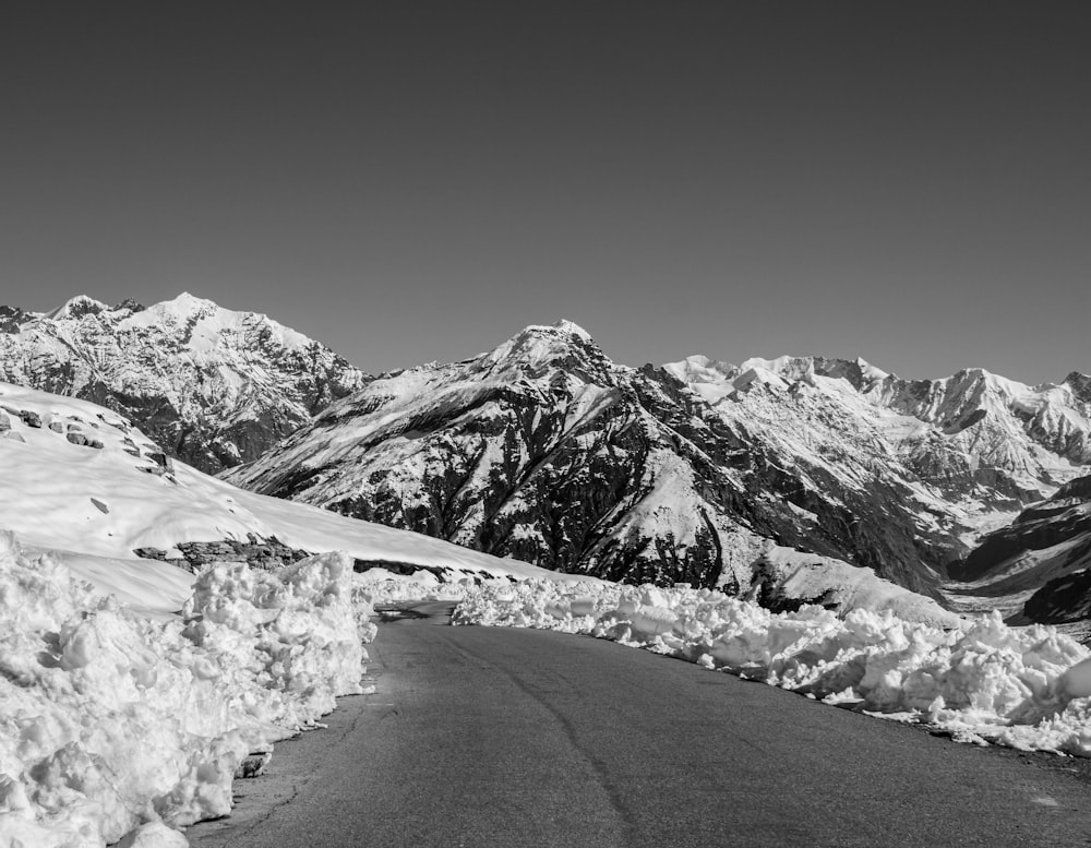 grayscale photo of snow covered mountain