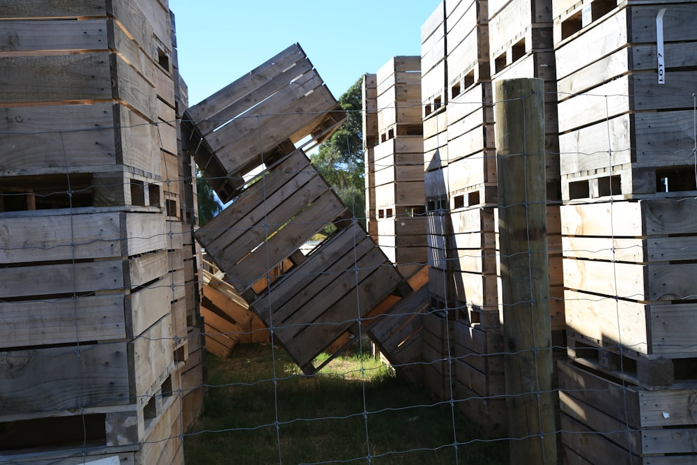 brown wooden crates on green grass field during daytime