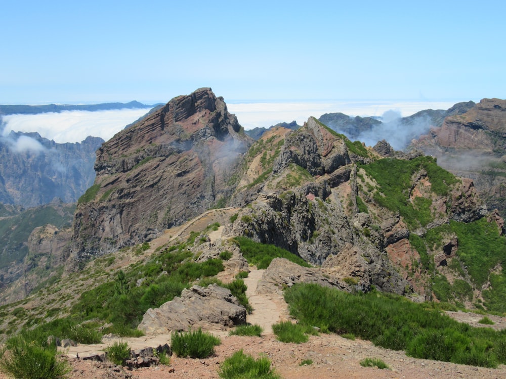 昼間の青空の下の灰色の岩山