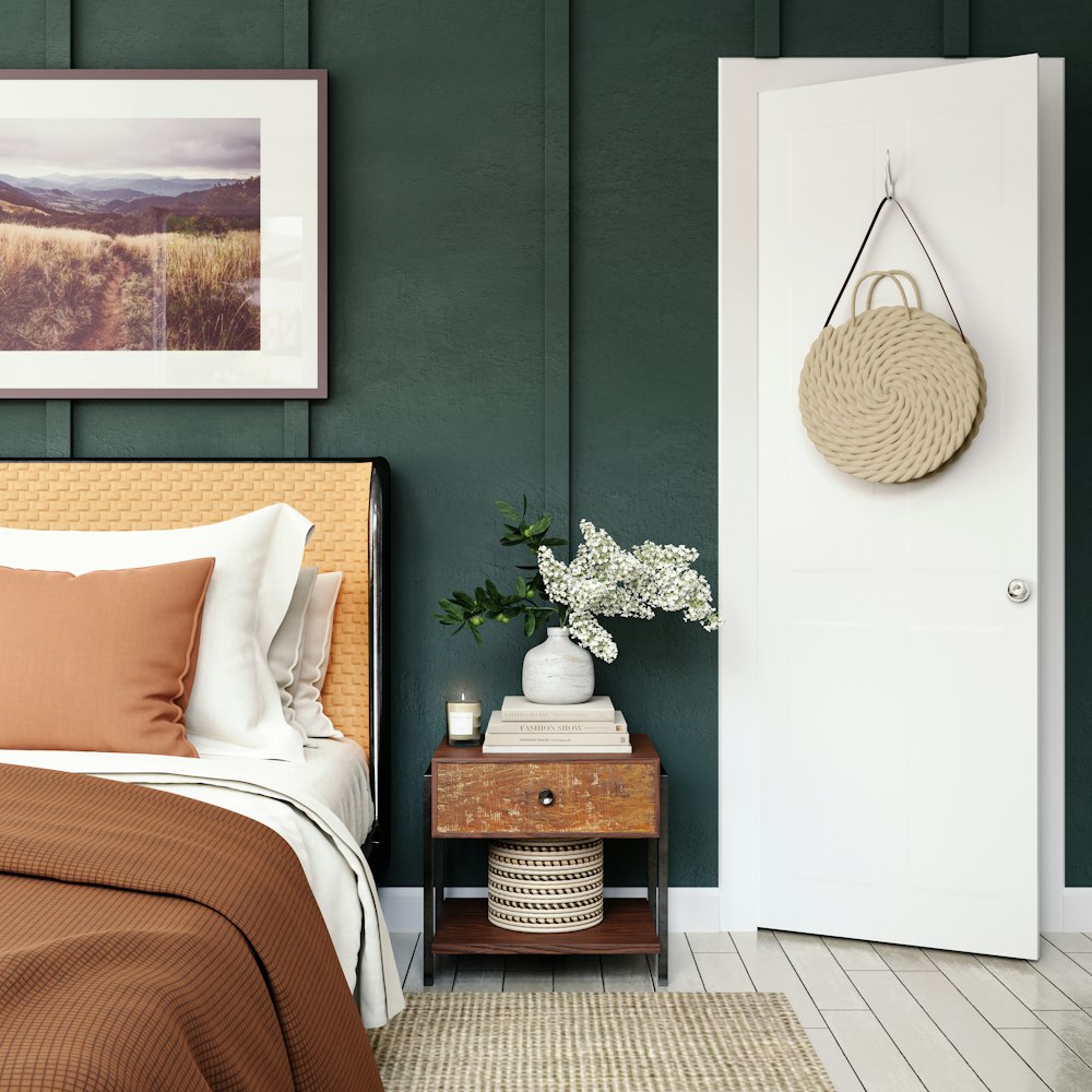 white flower on brown wooden side table