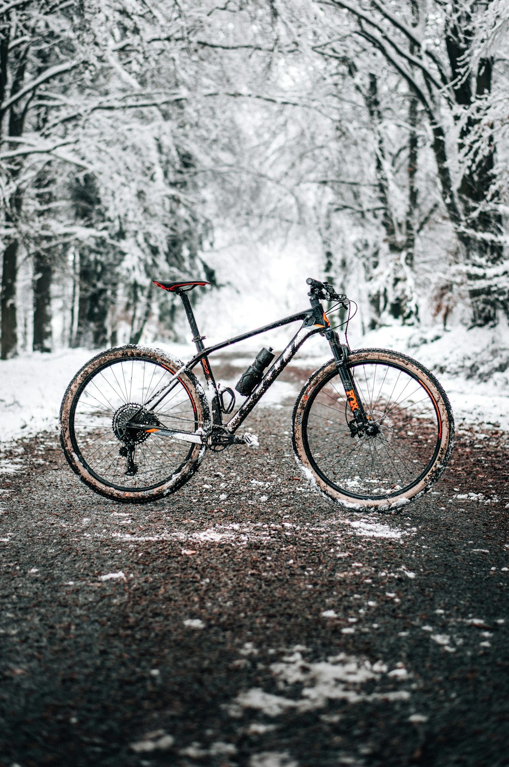 black and brown mountain bike on snow covered ground