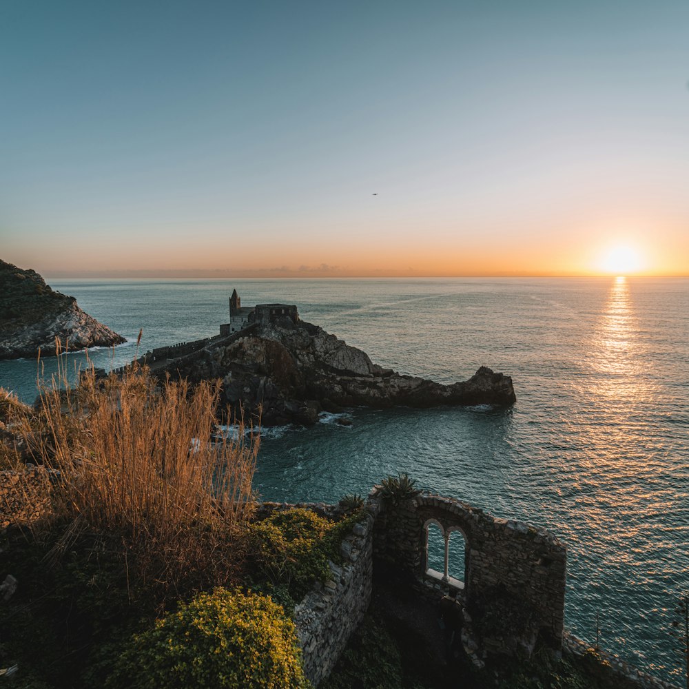 Hierba marrón y verde en el acantilado junto al mar durante la puesta del sol