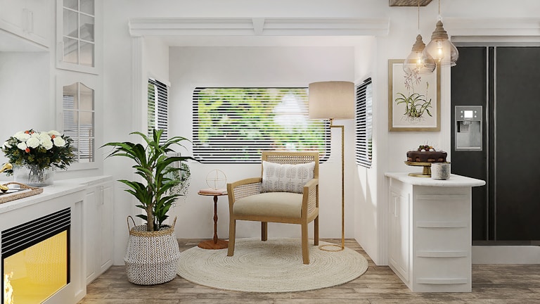 A beautifully arranged tiny living room with warm textures.