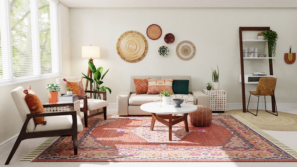 white and brown living room set