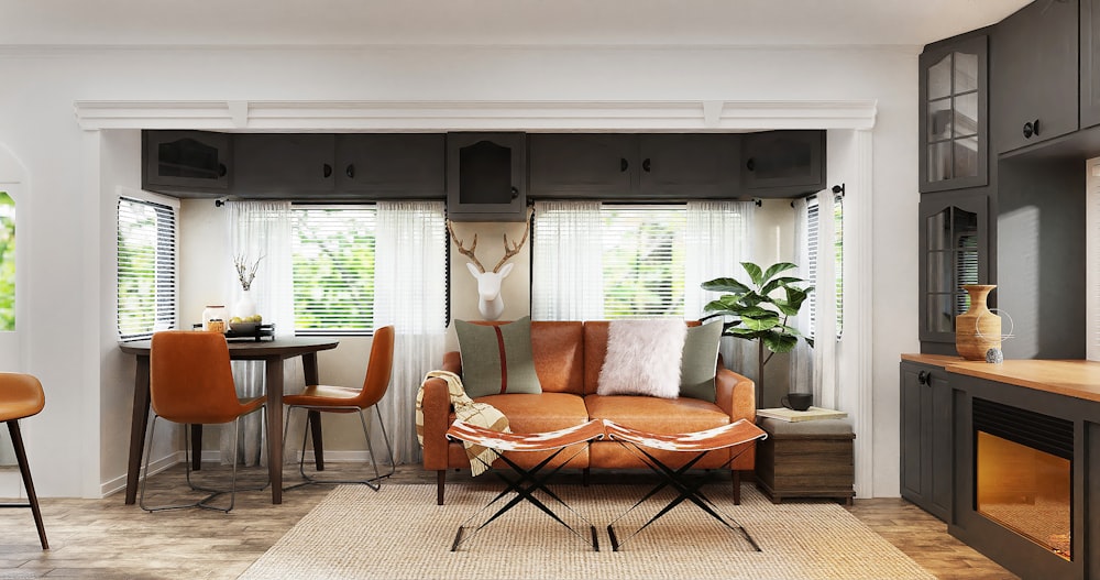 brown wooden framed orange padded armchair