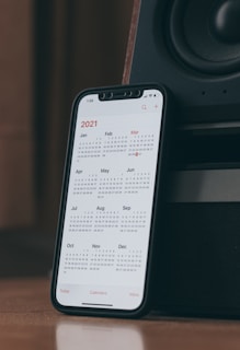 A smartphone displays a full-year calendar for 2021. The device is leaning against a speaker or similar audio equipment. The calendar details months from January to December, with days marked in small black numbers and Sundays highlighted in red.