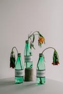Three green plastic bottles are arranged on a white surface, each containing wilted flowers. The bottles have white labels with black text, highlighting environmental messages about plastic pollution. The setup is minimalistic, with a muted background.