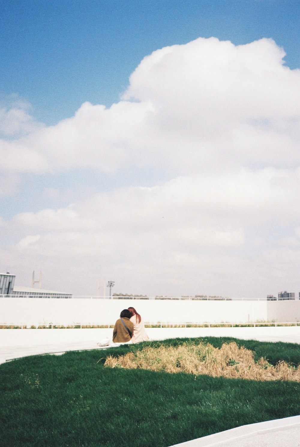 woman in green tank top sitting on green grass field near sea during daytime