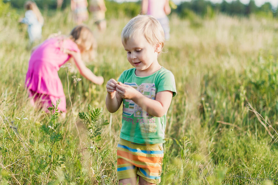 Young child in a pink tee playing in a green summer meadow