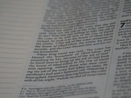 A close-up view of a page from a book, featuring columns of printed text with some words in uppercase for emphasis. The text appears neatly organized in paragraphs, and black ink is used on a white or slightly off-white paper background.