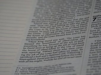 A close-up view of a page from a book, featuring columns of printed text with some words in uppercase for emphasis. The text appears neatly organized in paragraphs, and black ink is used on a white or slightly off-white paper background.