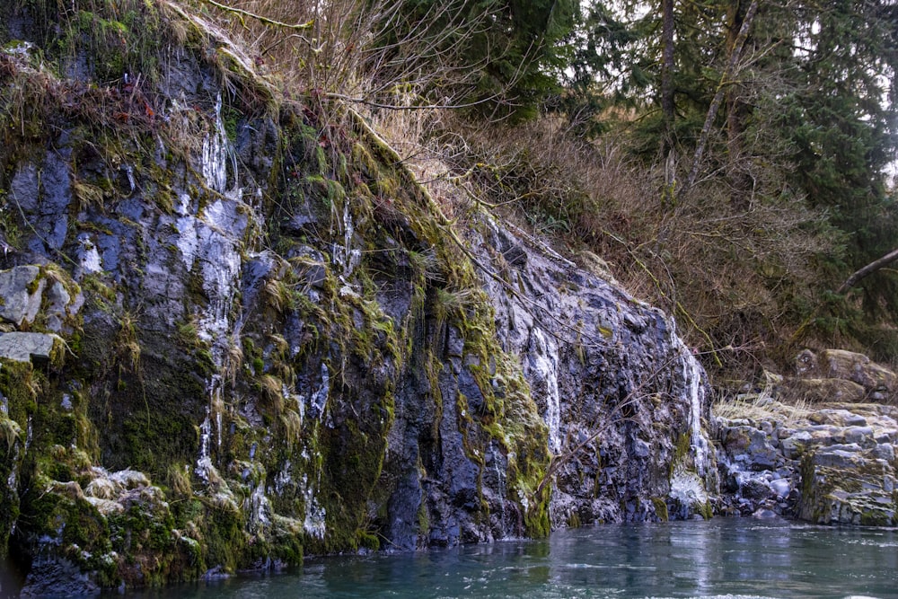 green and brown rock formation beside body of water during daytime