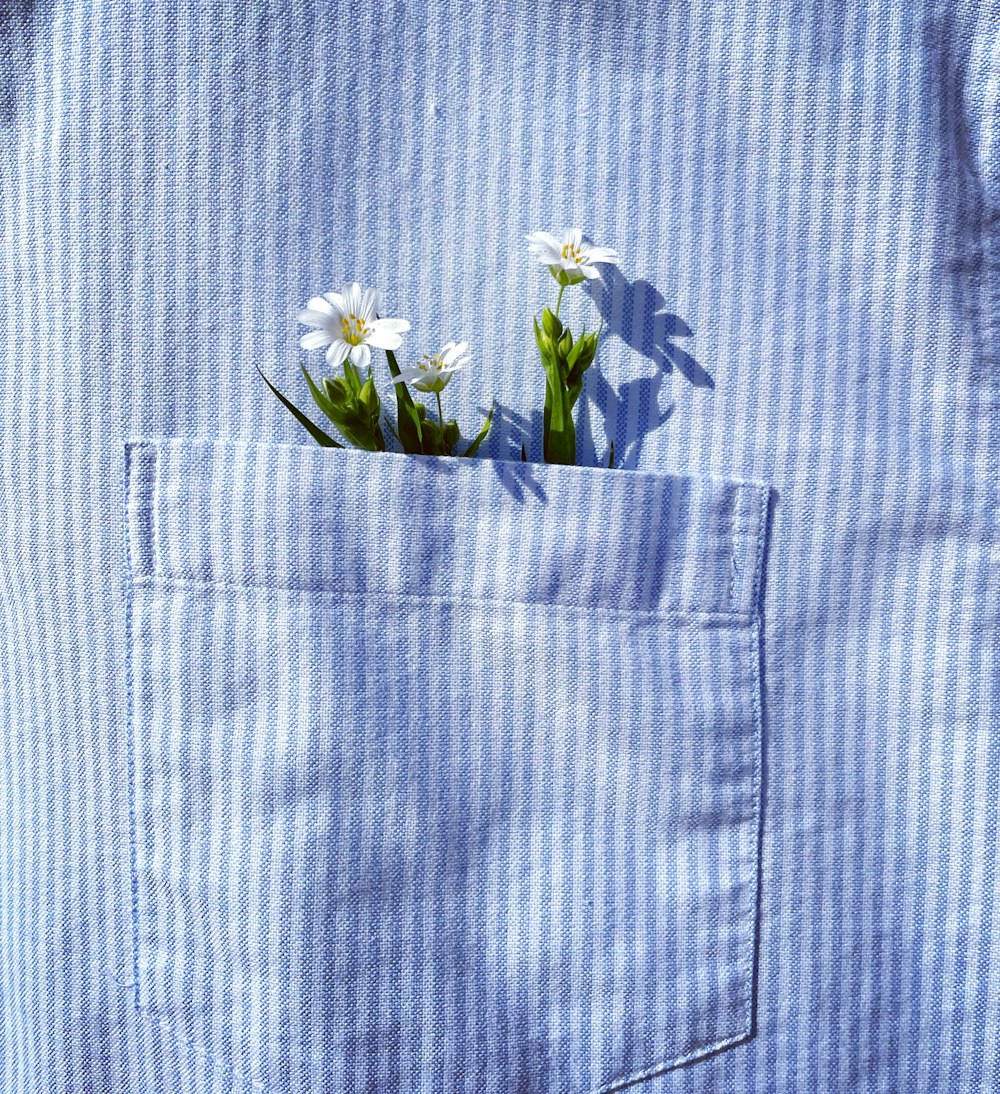 white flower on blue textile