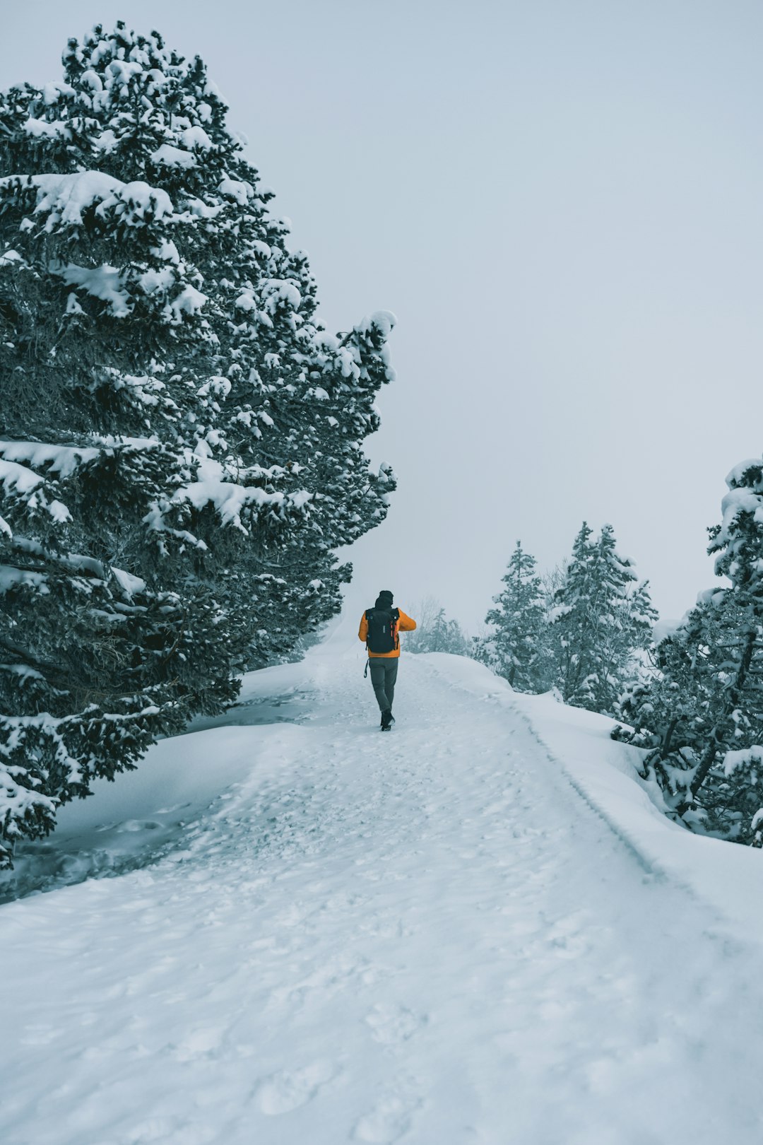 person in orange jacket and black pants standing on snow covered ground during daytime