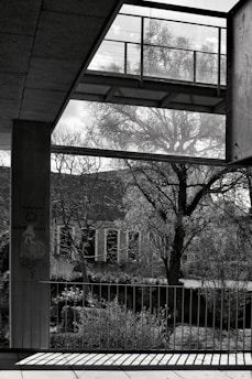 A black and white photograph featuring an urban outdoor scene with a modern architectural structure in the foreground. A tree with bare branches is visible in the background, casting intricate shadows on the ground. A railing with vertical bars is prominently positioned, with sunlight casting linear patterns. Graffiti, including a mushroom and the words 'Happy Life,' is painted on a pillar.