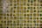 A grid of small, square, ceramic tiles featuring a textured surface. The tiles display a variety of earthy tones, including shades of green, brown, and yellow, with occasional glossy highlights from reflections.