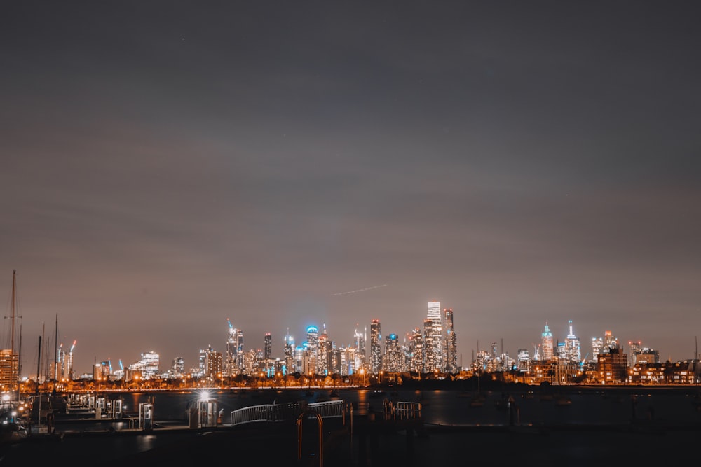 city skyline during night time