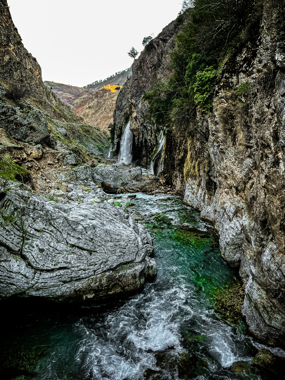 formazione rocciosa verde e grigia accanto al fiume durante il giorno