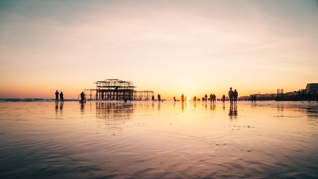 people standing on beach during sunset