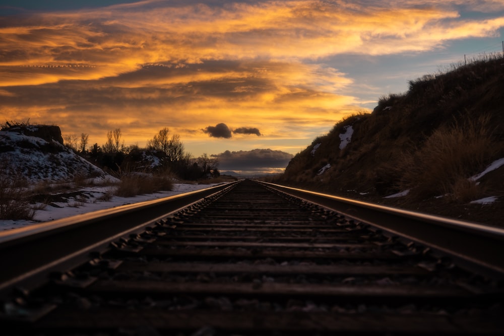 train rail near trees during sunset