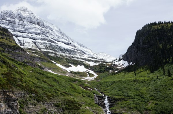 Green grass field near snow covered mountain during daytime — Glacier National Park, United States