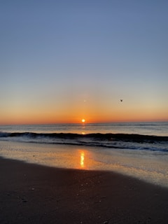 A serene sunrise over a quiet beach with gentle waves touching the shore, symbolizing new beginnings.
