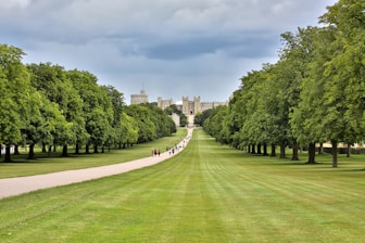 green grass field with trees and white building in distance