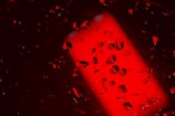 A vibrant red background is scattered with numerous droplets of liquid, creating an abstract and dynamic effect. The light and shadows enhance the contrast between the droplets and the deep red tones, providing a dramatic visual impact.