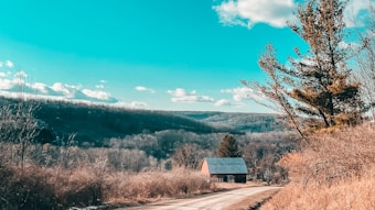 A rural landscape features a dirt road leading to a barn with a metal roof, surrounded by bare trees and brush. Rolling hills extend into the distance under a bright blue sky with patches of clouds. A large pine tree is visible on the right side of the image.