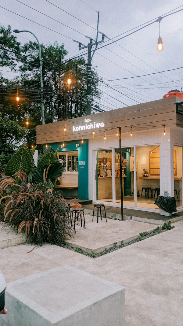 Café exterior with greenery