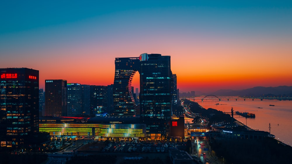 city skyline during night time