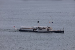 A vintage steamship is navigating through calm waters, displaying multiple flags, including an Austrian one at the stern. The vessel has a black hull and white superstructure with a tall smokestack at the center.