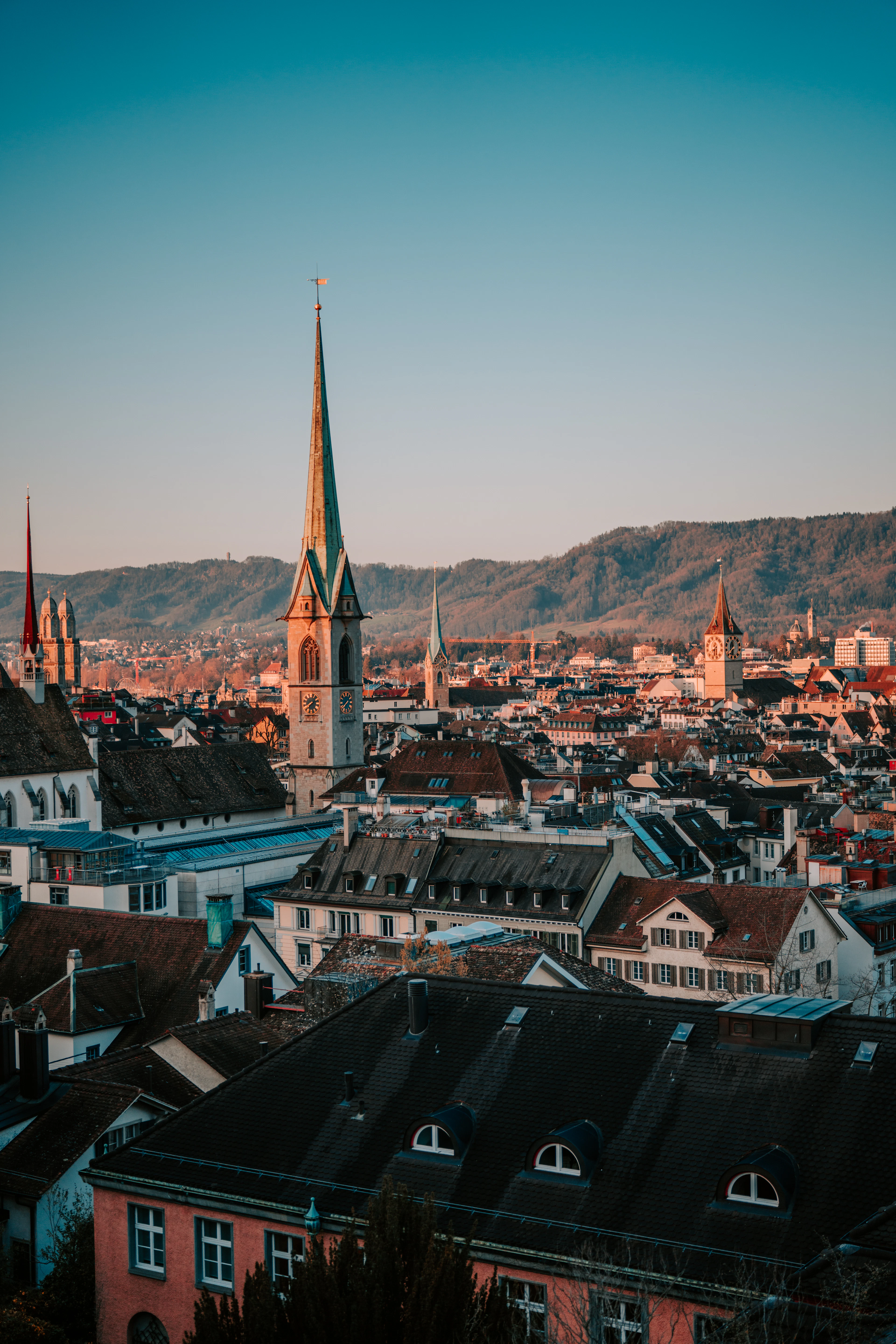Golden light over Zurich's old-town rooftops, a slender clock-tower spire rising among the tiled roofs with wooded hills behind.