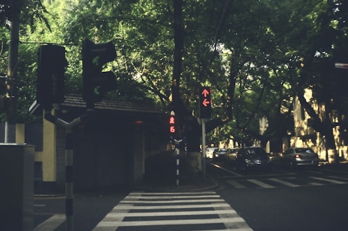 City intersection with AI-powered traffic lights managing urban flow.