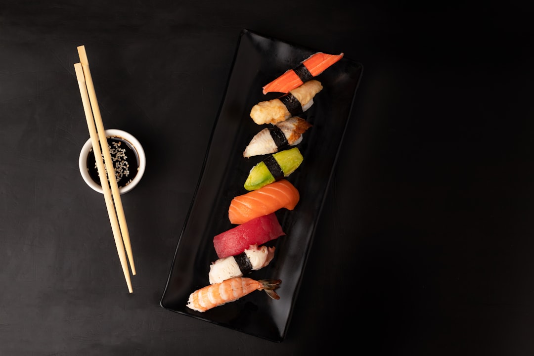 sushi on black square plate, Japanile ( Restaurant )