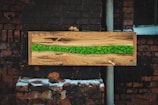 A rectangular wooden panel is mounted on a brick wall. The wood has a natural grain pattern with variations in the shade of brown. A strip of bright green moss runs horizontally through the center of the panel, providing a vibrant contrast to the darker tones of the wood and bricks. Snow is lightly scattered at the base of the wall, indicating a cold environment.