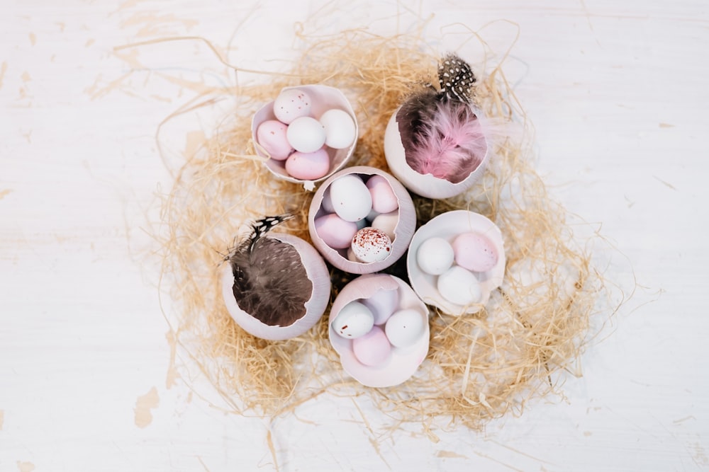 white eggs on brown nest