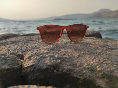 Wild sunglasses resting on a rock beside a flowing river under bright daylight.