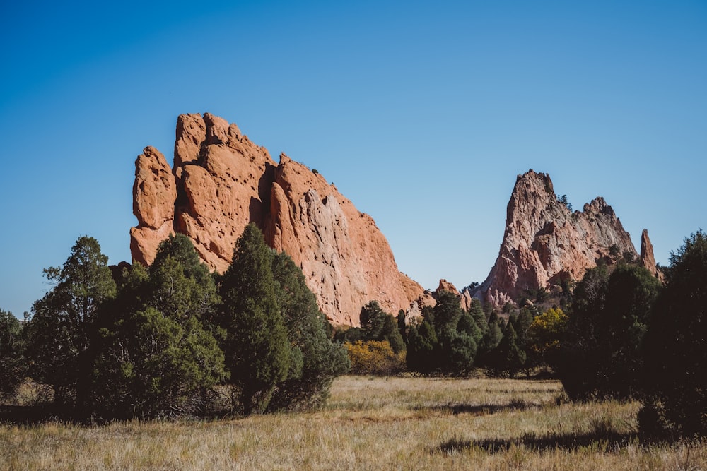 brown rock formation near green trees during daytime