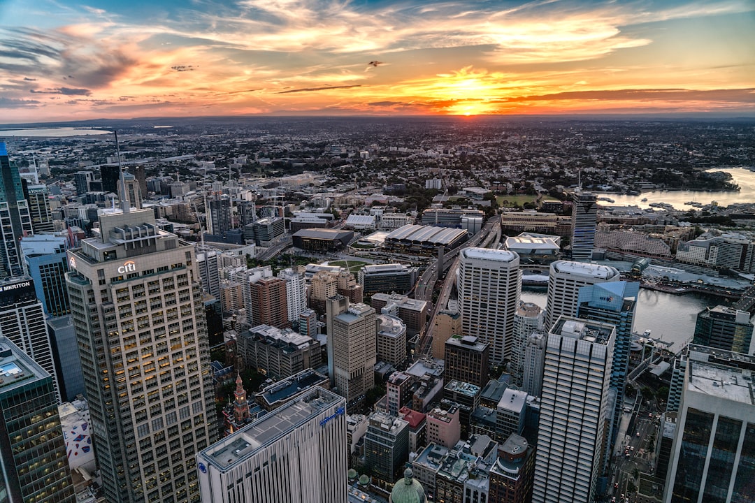 aerial view of city buildings during sunset