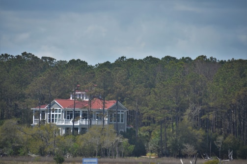 A large, white house with a red roof stands amidst a dense forest of tall green trees. The architecture is contemporary with extensive use of glass, providing a clear view of the surroundings. The house appears secluded, surrounded by natural greenery under a cloudy sky.