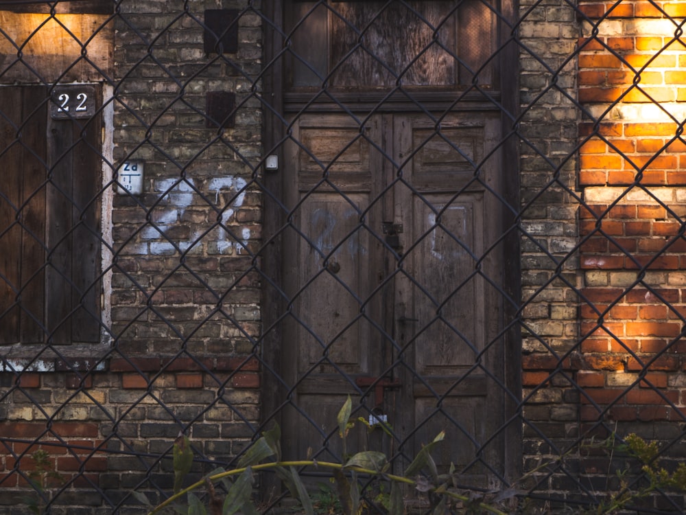 brown wooden door in front of green plants