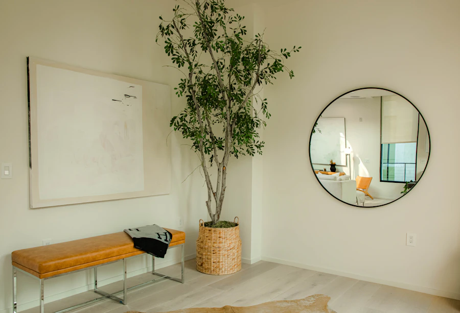 Round wall mirror in a bright room